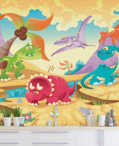 Dinosaurussen Cartoon muurschildering behang