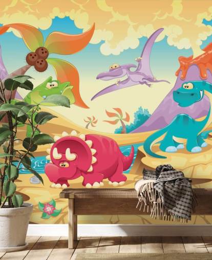 Papel pintado mural de dibujos animados de dinosaurios