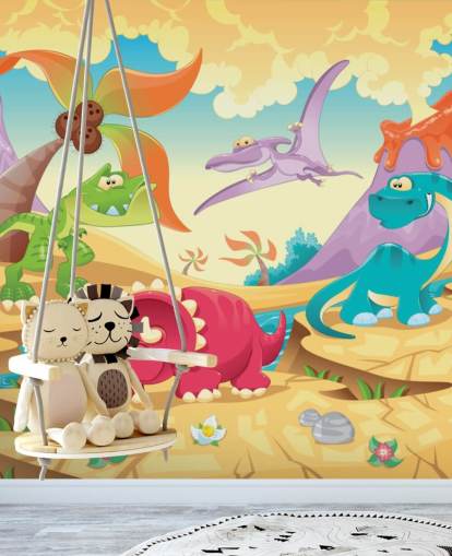 Papel pintado mural de dibujos animados de dinosaurios