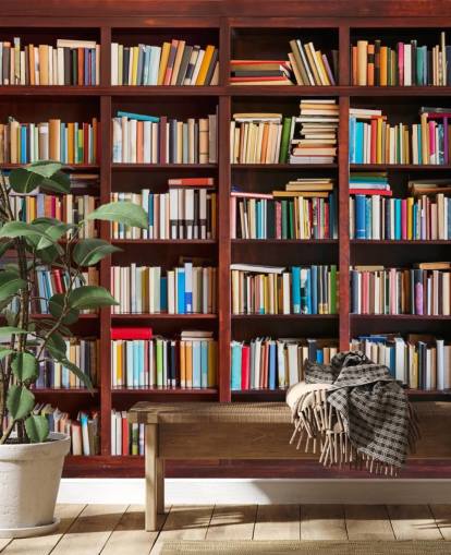 carta da parati colorata personalizzata chiamata Bookcase per uffici, biblioteche e camere da letto
