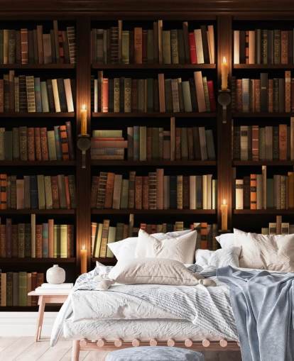 personalisierbares Bücherregal-Tapeten-Wandbild mit dem Titel Bücherregal und Kerzen für Wohnzimmer oder Büros