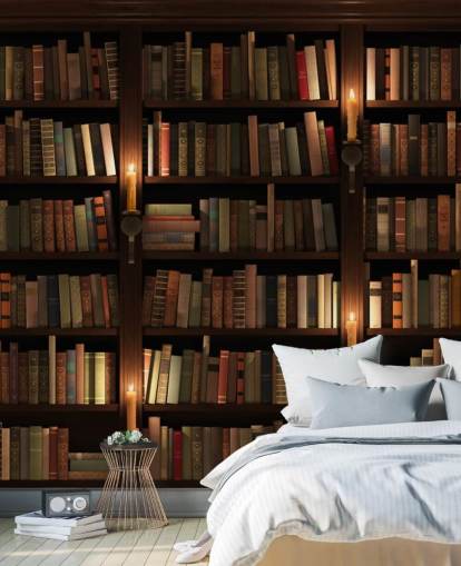 mural de papel de parede de estante personalizável chamado Bookcase and Candles para salas de estar ou escritórios mural de papel de parede de estante personalizável chamado Bookcase and Candles para salas de estar ou escritórios