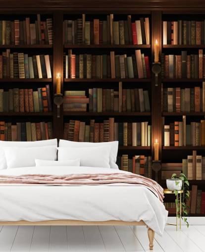 personalisierbares Bücherregal-Tapeten-Wandbild mit dem Titel Bücherregal und Kerzen für Wohnzimmer oder Büros