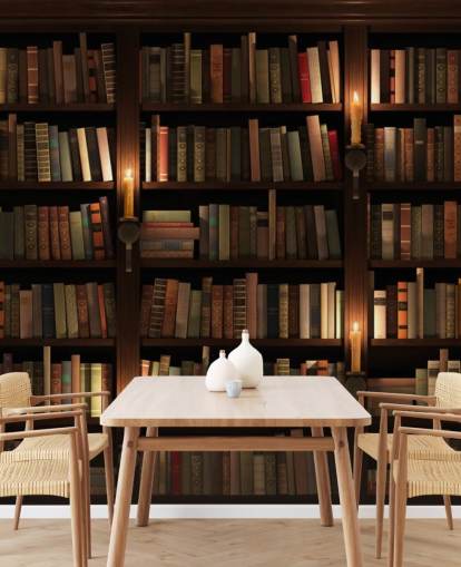 personalisierbares Bücherregal-Tapeten-Wandbild mit dem Titel Bücherregal und Kerzen für Wohnzimmer oder Büros