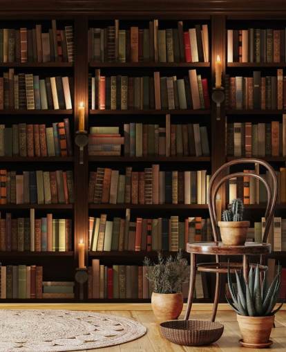 personalisierbares Bücherregal-Tapeten-Wandbild mit dem Titel Bücherregal und Kerzen für Wohnzimmer oder Büros personalisierbares Bücherregal-Tapeten-Wandbild mit dem Titel Bücherregal und Kerzen für Wohnzimmer oder Büros