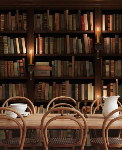 personalisierbares Bücherregal-Tapeten-Wandbild mit dem Titel Bücherregal und Kerzen für Wohnzimmer oder Büros