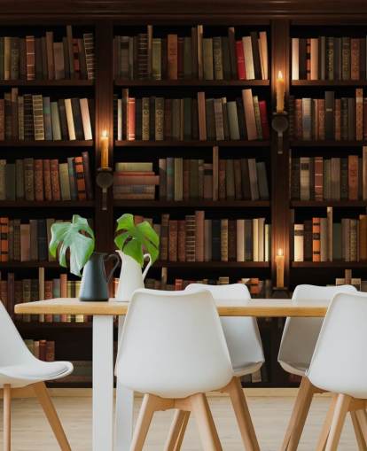 aanpasbare boekenkast behangmuurschildering genaamd Bookcase and Candles voor woonkamers of kantoren