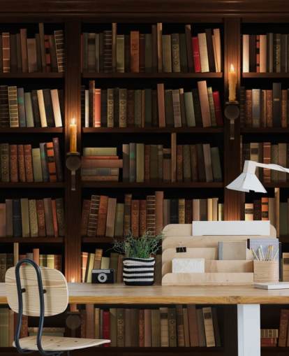 papier peint mural de bibliothèque personnalisable appelé Bookcase and Candles pour les salons ou les bureaux