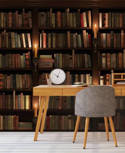 mural de papel pintado de estantería personalizable llamado Librería y velas para salas de estar u oficinas