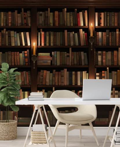 mural de papel pintado de estantería personalizable llamado Librería y velas para salas de estar u oficinas