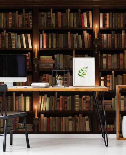 mural de papel pintado de estantería personalizable llamado Librería y velas para salas de estar u oficinas