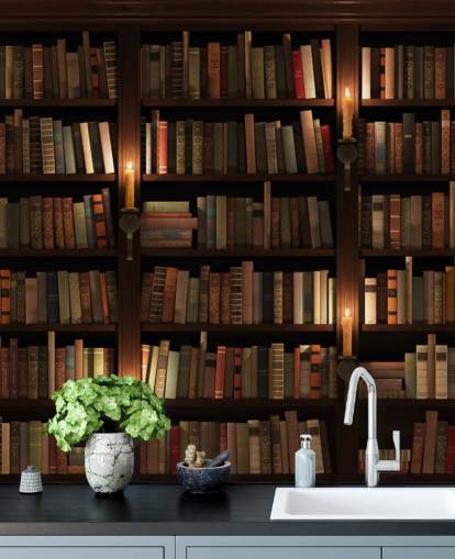 mural de papel pintado de estantería personalizable llamado Librería y velas para salas de estar u oficinas