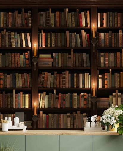 papier peint mural de bibliothèque personnalisable appelé Bookcase and Candles pour les salons ou les bureaux