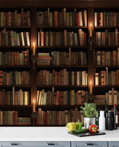 customizable bookcase wallpaper mural called Bookcase and Candles for living rooms or offices customizable bookcase wallpaper mural called Bookcase and Candles for living rooms or offices