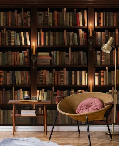 aanpasbare boekenkast behangmuurschildering genaamd Bookcase and Candles voor woonkamers of kantoren