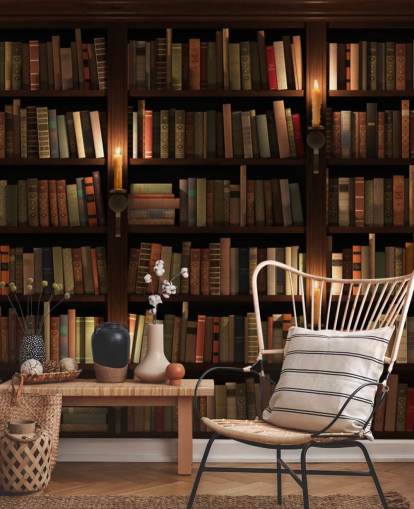 aanpasbare boekenkast behangmuurschildering genaamd Bookcase and Candles voor woonkamers of kantoren