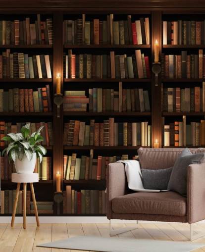 mural de papel de parede de estante personalizável chamado Bookcase and Candles para salas de estar ou escritórios