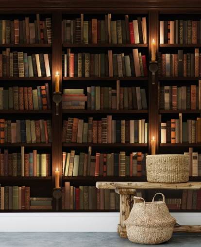 aanpasbare boekenkast behangmuurschildering genaamd Bookcase and Candles voor woonkamers of kantoren