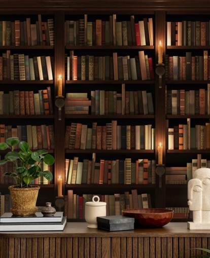 personalisierbares Bücherregal-Tapeten-Wandbild mit dem Titel Bücherregal und Kerzen für Wohnzimmer oder Büros