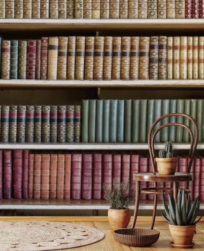 Leather Books on Bookshelf Wallpaper Mural Leather Books on Bookshelf Wallpaper Mural