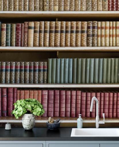 Leather Books on Bookshelf Wallpaper Mural Leather Books on Bookshelf Wallpaper Mural