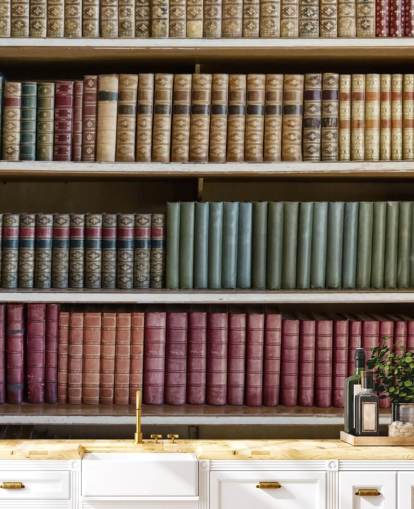 Livros de couro no papel de parede da estante