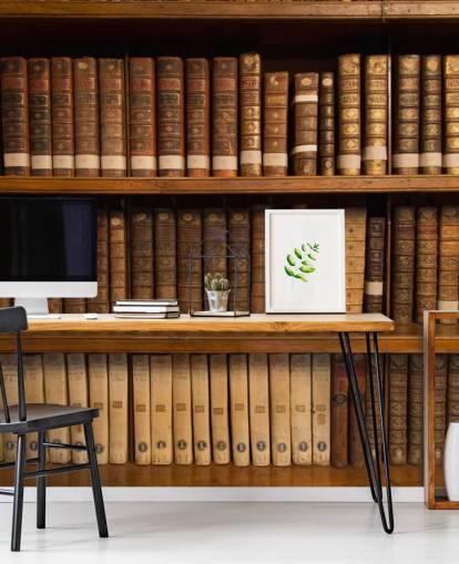 Bruine antieke boeken op boekenplank behang muurschildering