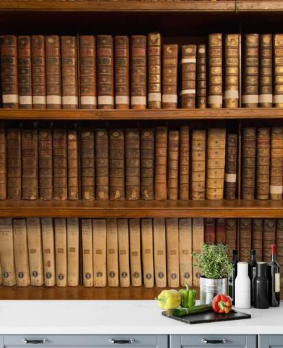 Carta da parati murale con libri antichi marroni su scaffale