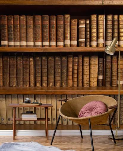 Bruine antieke boeken op boekenplank behang muurschildering