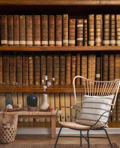 Bruine antieke boeken op boekenplank behang muurschildering