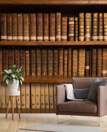 Bruine antieke boeken op boekenplank behang muurschildering