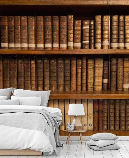 Livros antigos marrons no papel de parede da estante