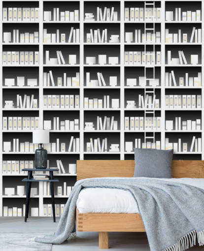 Black and White Bookshelf Wallpaper