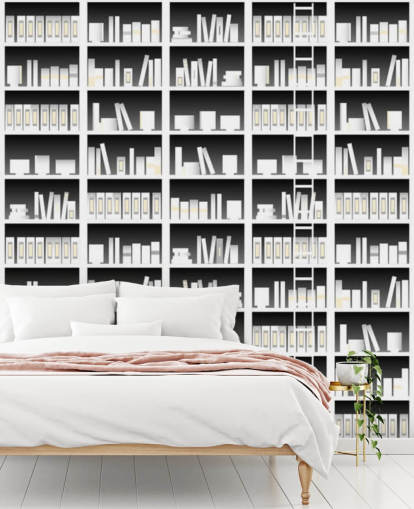 Black and White Bookshelf Wallpaper