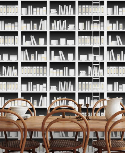 Black and White Bookshelf Wallpaper