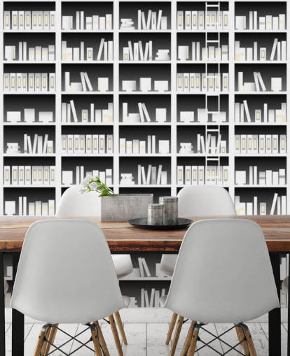 zwart-wit boekenplank behang