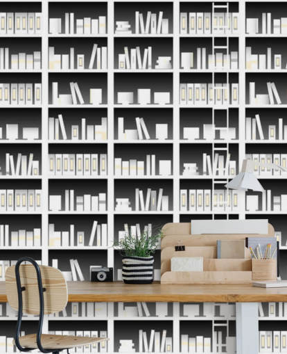 Black and White Bookshelf Wallpaper