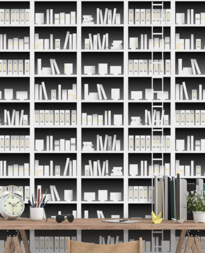 Black and White Bookshelf Wallpaper
