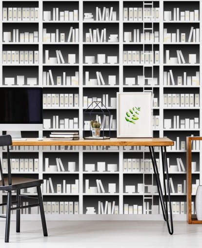 Black and White Bookshelf Wallpaper