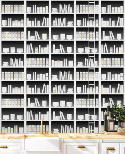 zwart-wit boekenplank behang