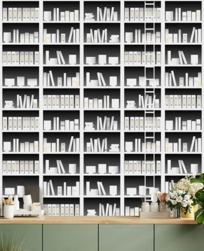 Black and White Bookshelf Wallpaper