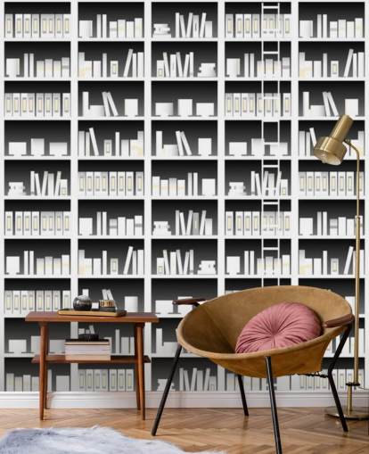 Black and White Bookshelf Wallpaper