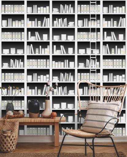 Black and White Bookshelf Wallpaper