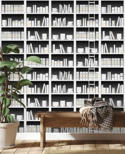 zwart-wit boekenplank behang