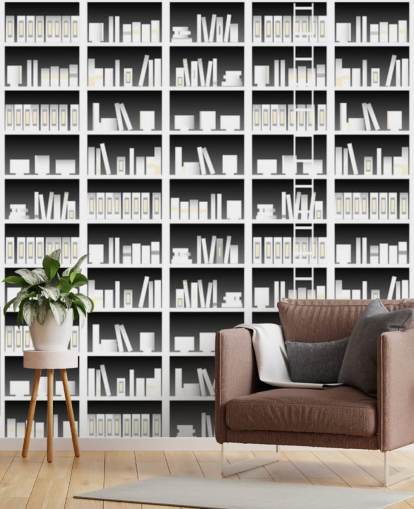 Black and White Bookshelf Wallpaper