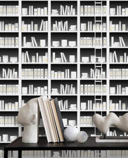 Black and White Bookshelf Wallpaper
