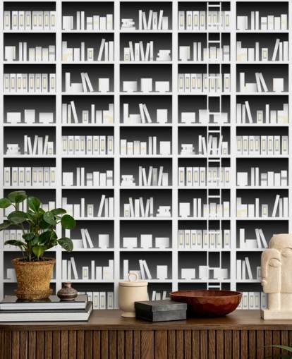 Black and White Bookshelf Wallpaper