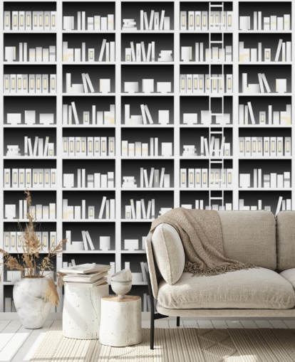 zwart-wit boekenplank behang