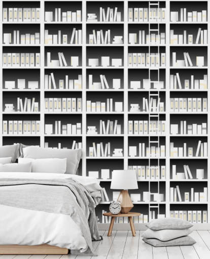 Black and White Bookshelf Wallpaper