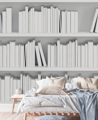 White Bookshelves Wallpaper Mural